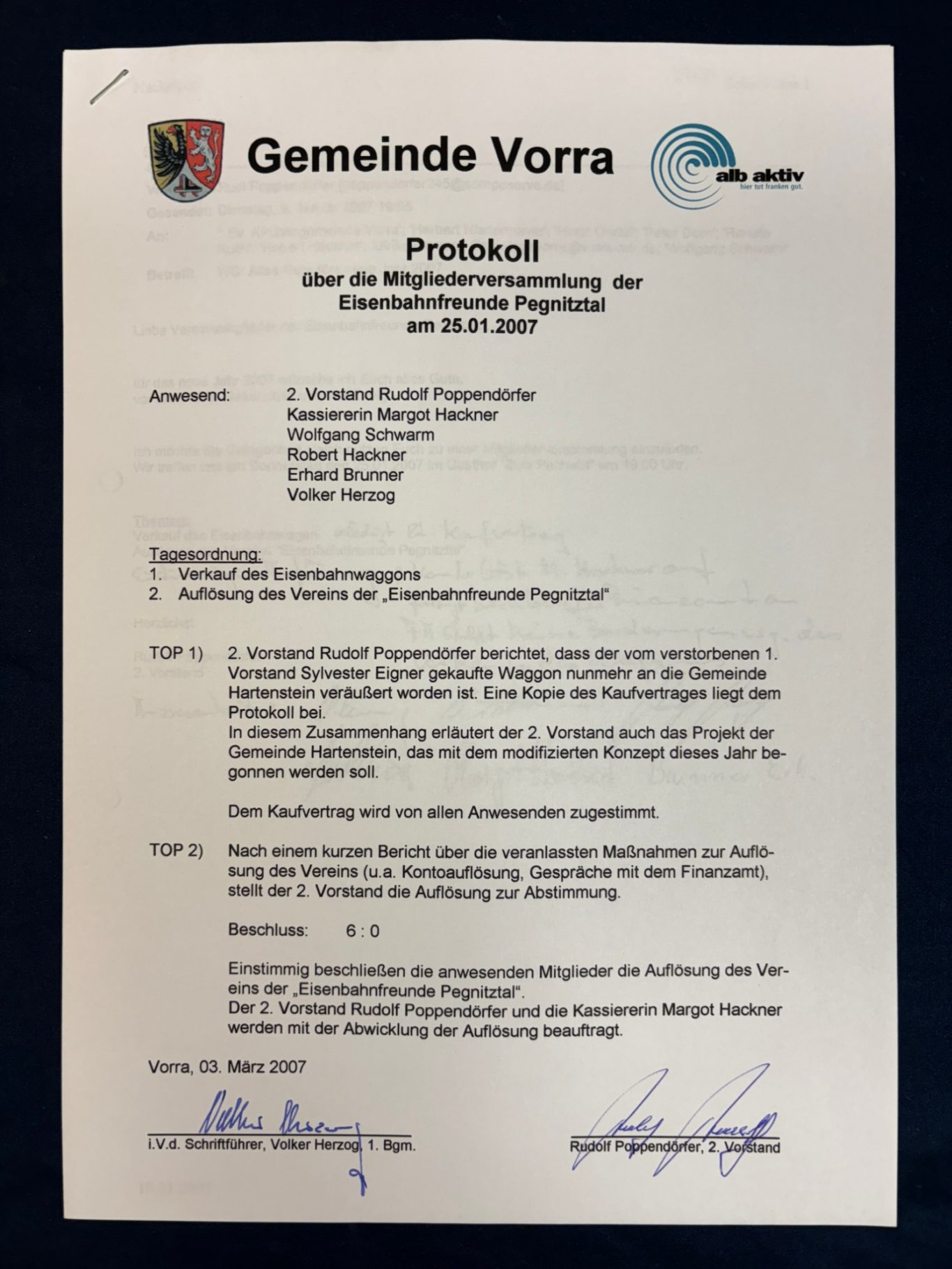 Protokoll Verkaufs- und Vereinsauflösung